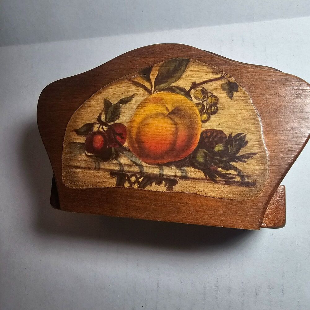 Vintage Wood Napkin Holder Chic Kitchen Collectible Peaches Cottagecore